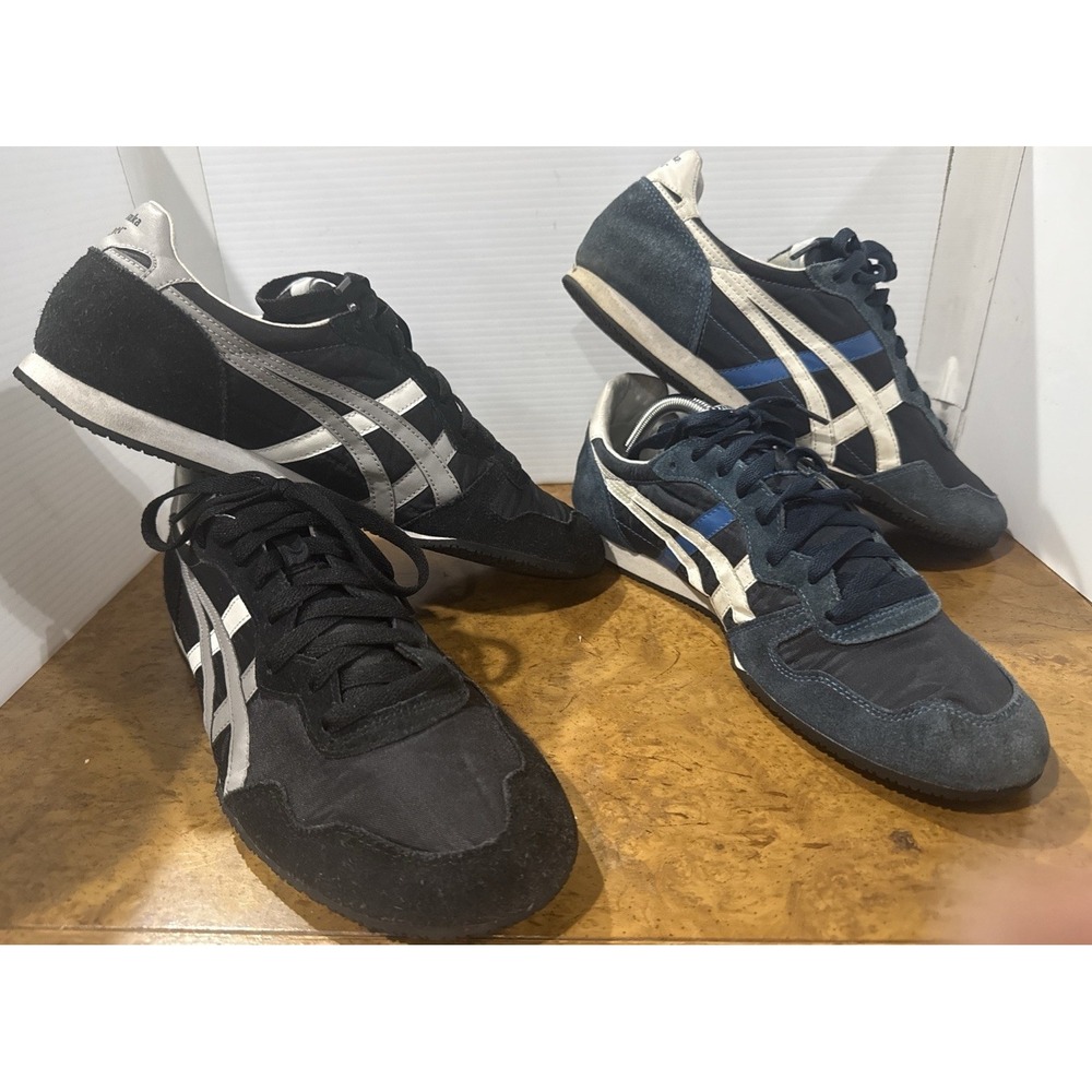 (2) Onitsuka Tiger Serrano Black White Gray/ Navy Retro Sneaker D109K Men's 10.5